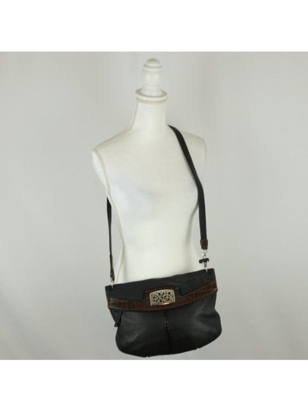Brighton Women's Black Brown Embossed Leather Fold Over Crossbody Bag
